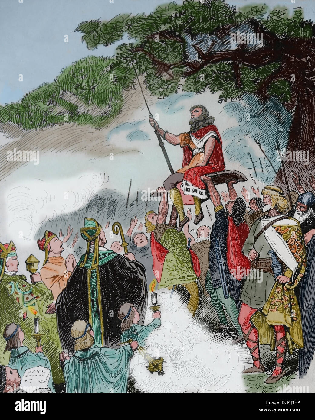 Pipino il Breve (714-768) dichiarato re dei Franchi da Bonifacio, Arcivescovo di Magonza. Soissons, Francia, 751. La storia della Germania, 1882. Foto Stock