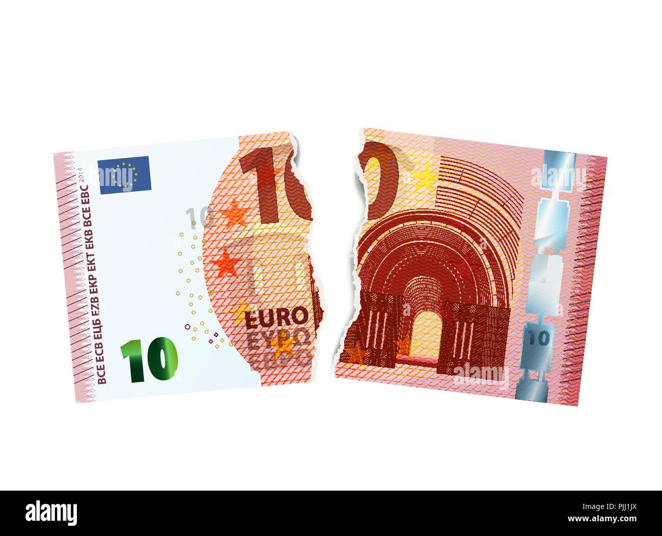 Manichino realistico di dieci euro banconota strappata in due pezzi su bianco Illustrazione Vettoriale