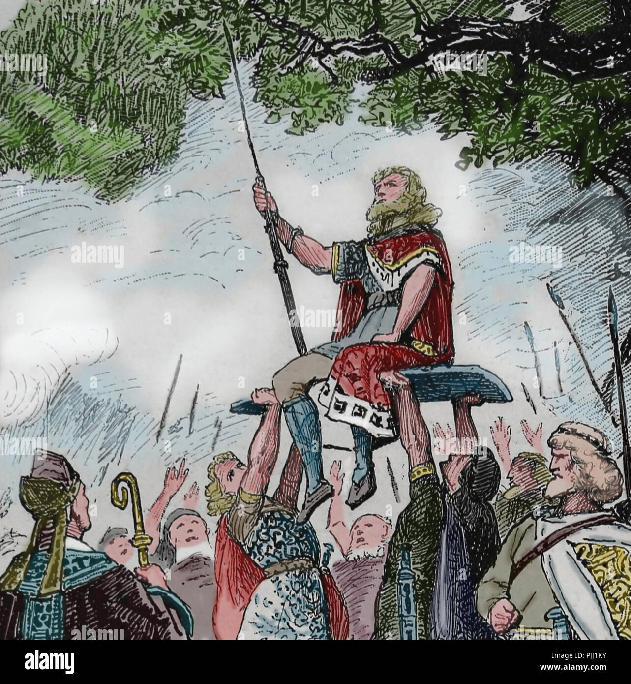 Pipino il Breve (714-768) dichiarato re dei Franchi da Bonifacio, Arcivescovo di Magonza. Soissons, Francia, 751. La storia della Germania, 1882. Foto Stock