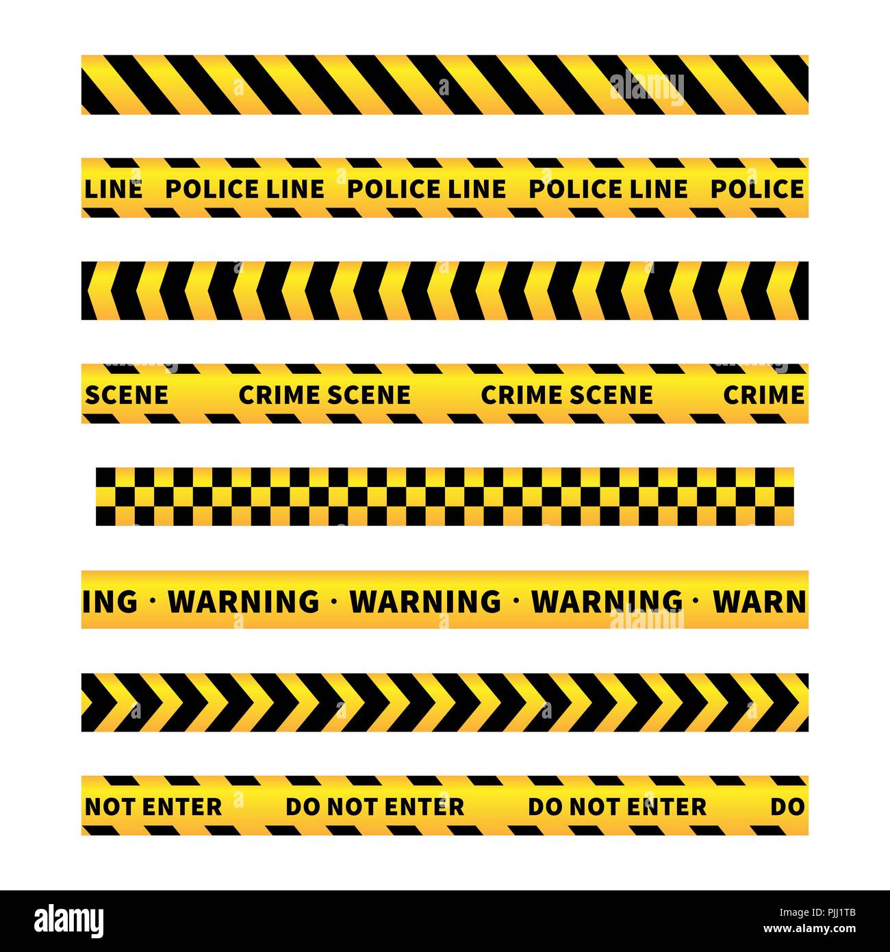 Il giallo e il nero attenzione nastri, frontiere senza giunture impostato su bianco Illustrazione Vettoriale