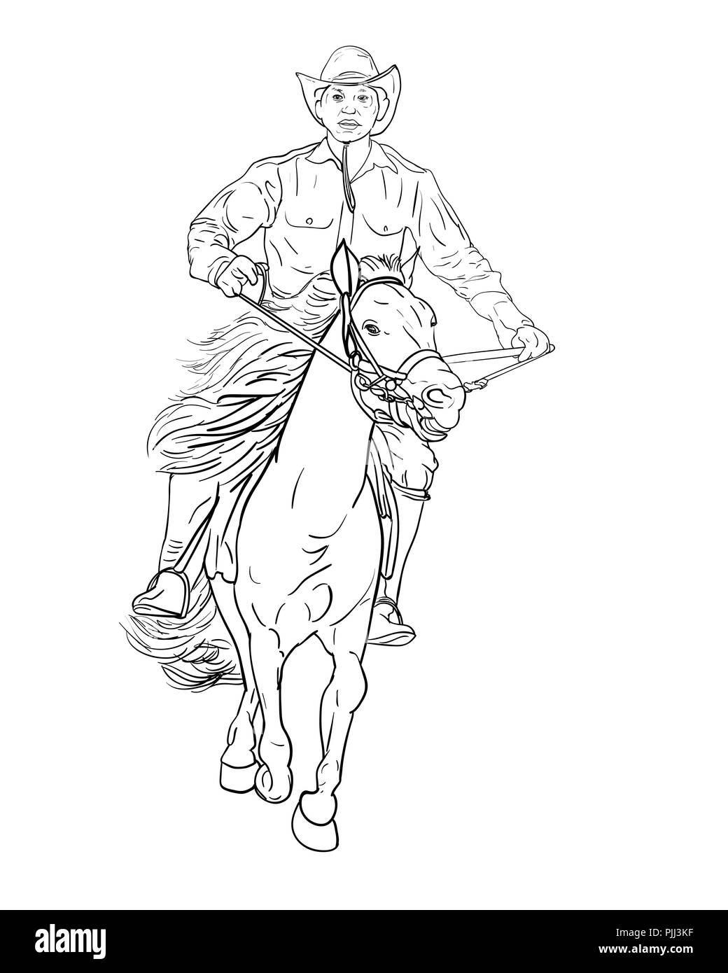 Disegno In Bianco E Nero Di Cowboy A Cavalloillustrazione