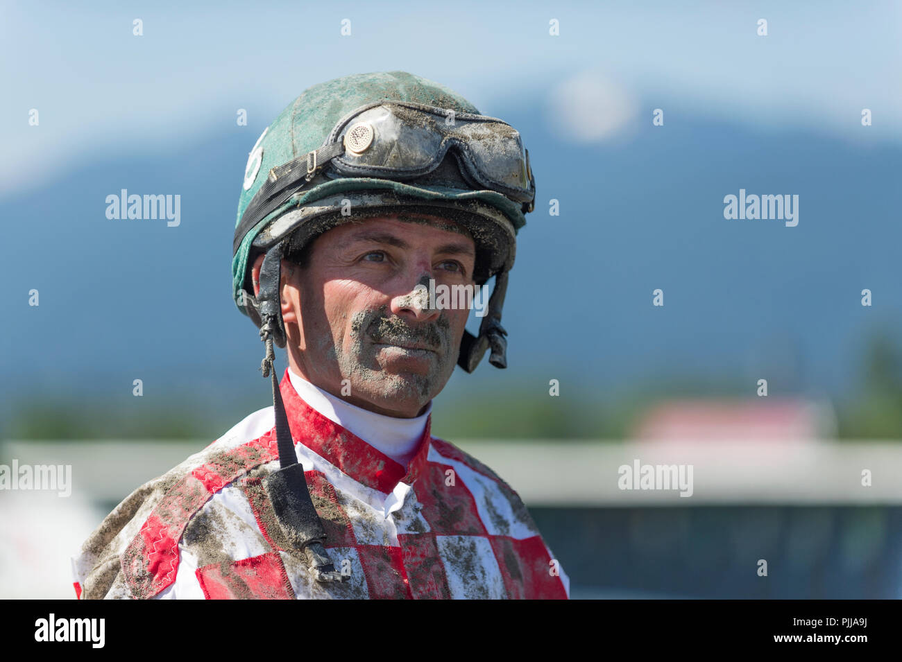 Faccia fangoso di un maschio di cavallo fantino dopo una gara. Foto Stock