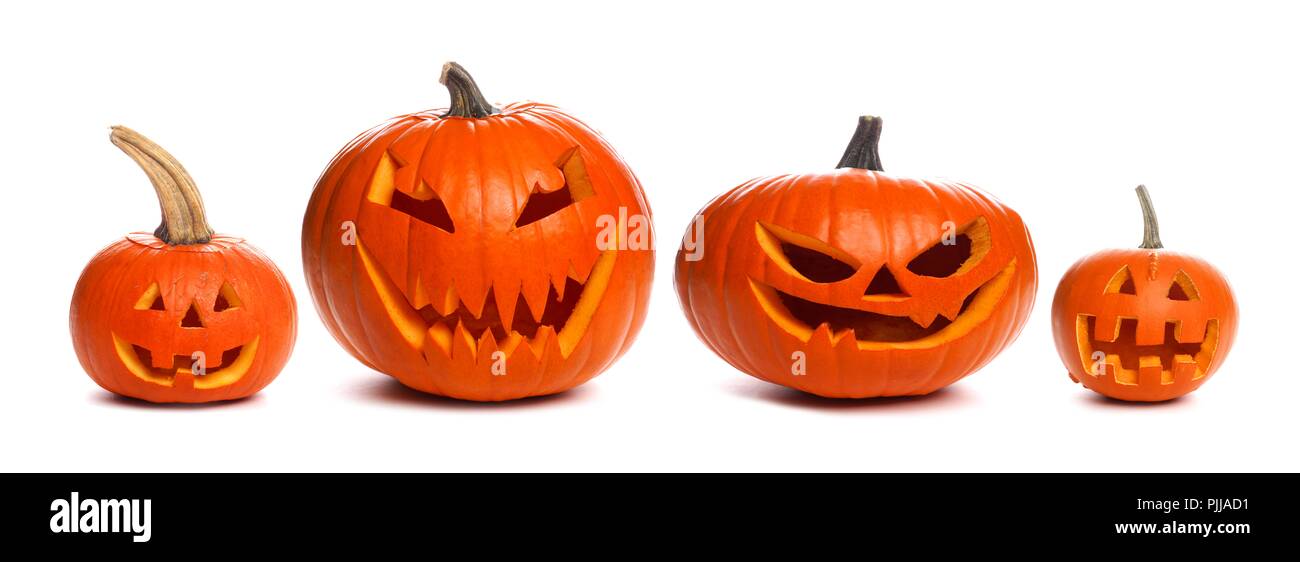 Gruppo di esclusiva non illuminato Halloween Jack o lanterne singolarmente isolati su sfondo bianco Foto Stock