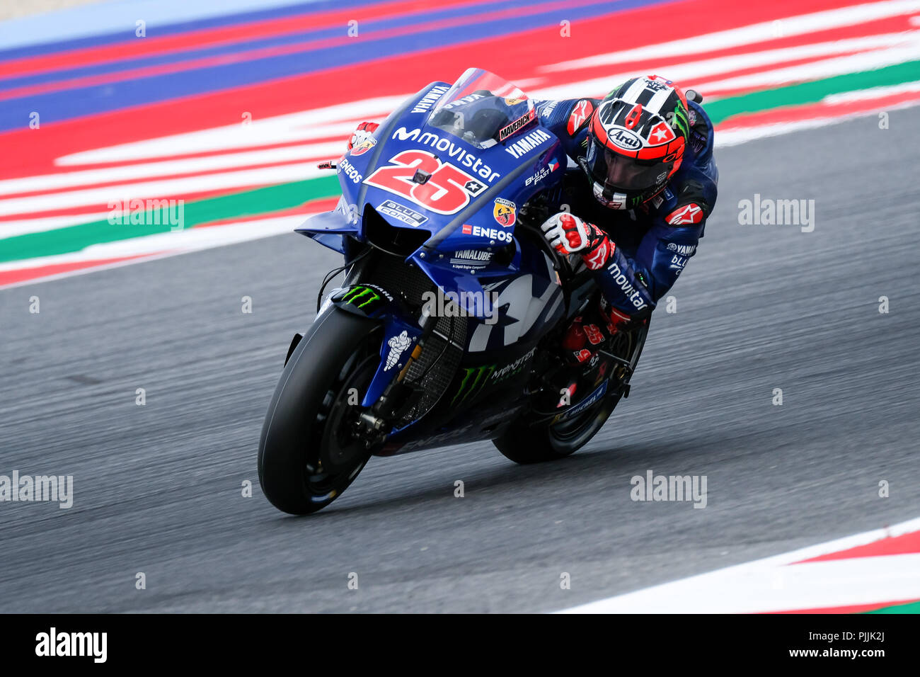 Misano, Italia. Il 7 settembre 2018. 7 settembre 2018 - 25 MAVERICK VINALES dalla Spagna, Movistar Team Yamaha Yamaha YZR-M1 2018, Gran Premio Octo di San Marino e della Riviera di Rimini, durante il Venerdì FP2 al Marco Simoncelli World Circuit per il tredicesimo round del Campionato del Mondo MotoGP, tra il 7 ed il 9 settembre, 2018. Credit: AFP7/ZUMA filo/Alamy Live News Foto Stock