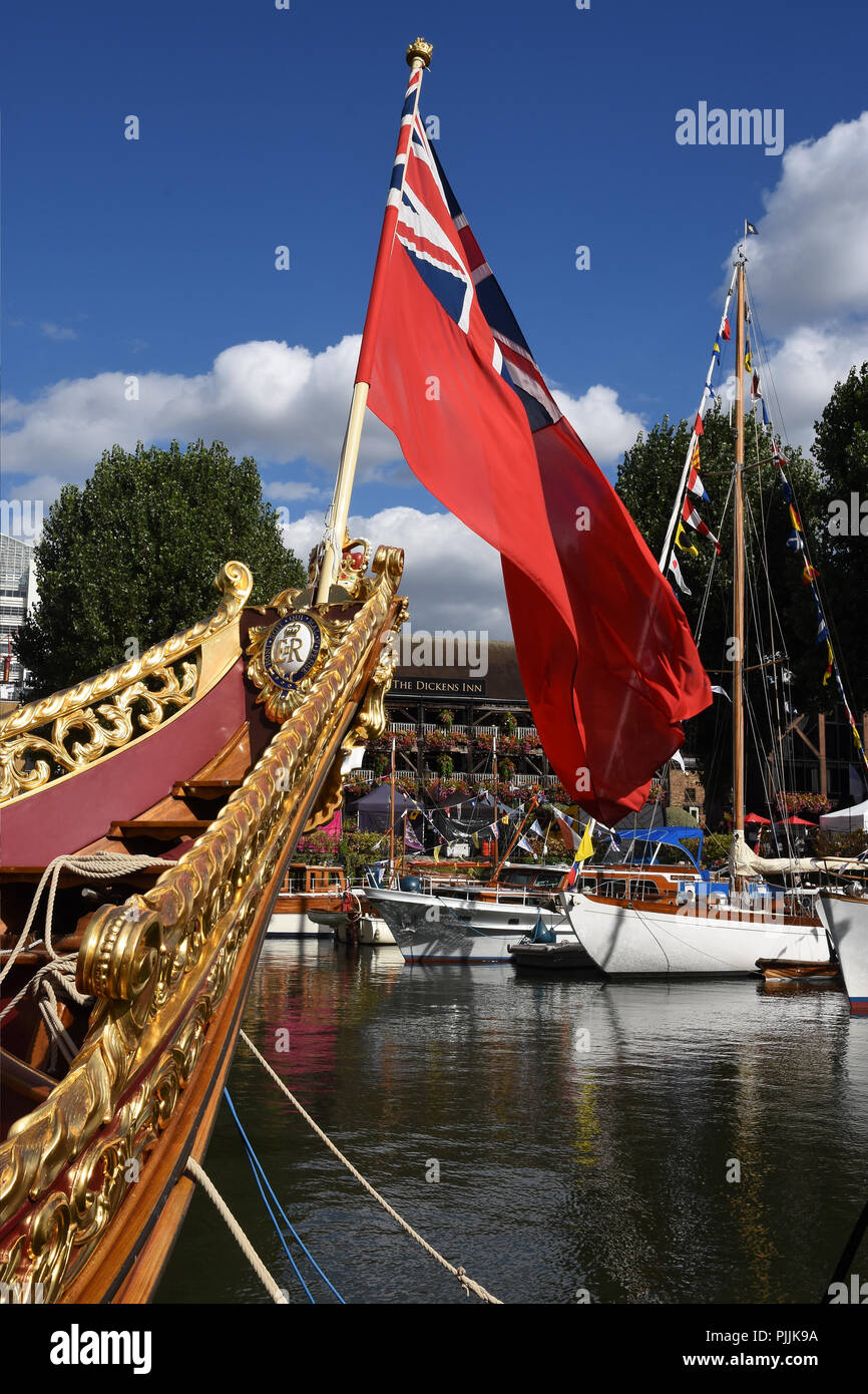 Londra, Regno Unito. Il 7 settembre 2018. Dettaglio da Vincenzo La regina Rowbarge dal diamante della regina giubileo nel 2012,Giorno Uno,decima edizione Classic Boat Festival in associazione con totalmente Thames,St Katherine Docks,London.UK 7a-9settembre Credito: Michael melia/Alamy Live News Foto Stock