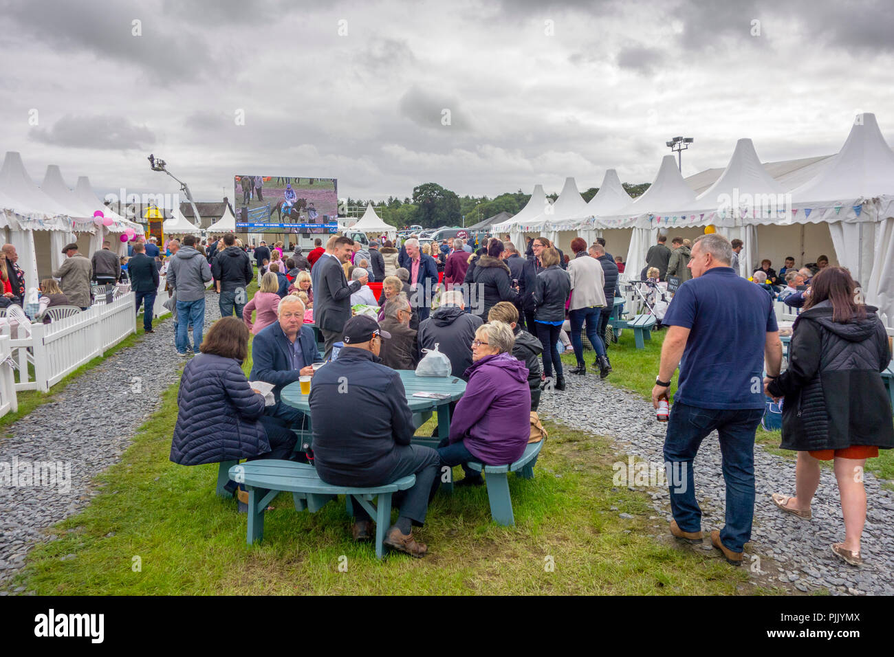 Racegoers nel paddock del contenitore a Cartmel gare su agosto Bank Holiday 2018, Cartmel, Cumbria, England, Regno Unito Foto Stock