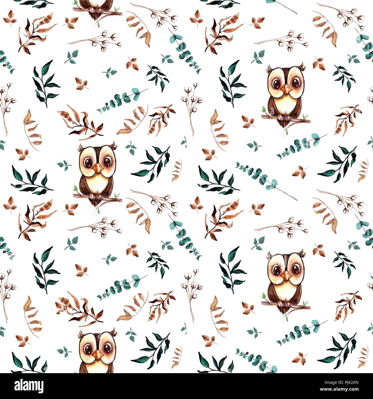 Acquerello carino disegnato a mano modello senza giunture. Foresta selvaggia animali e foglie. Carino il gufo su un ramo. Foto Stock