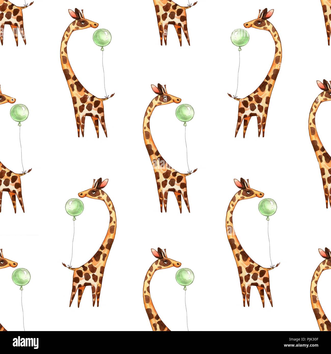 Acquerello carino disegnato a mano modello senza giunture. Selvatica Animali della foresta.giraffa e verde di mongolfiere. Foto Stock