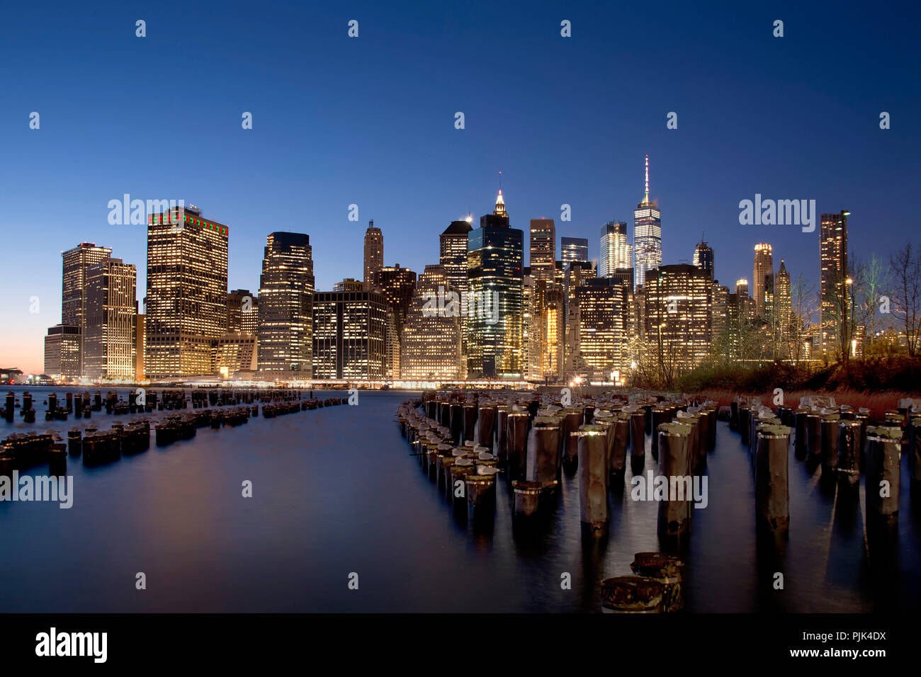 Vista notturna della skyline di Manhattan, New York City, Stati Uniti d'America Foto Stock