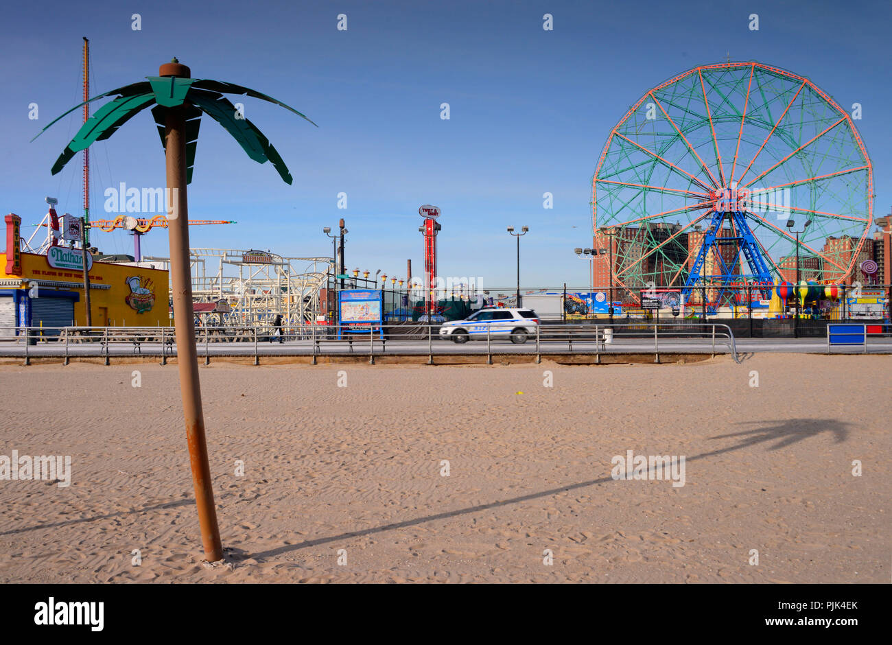 Spiaggia con palme artificiali a Coney Island, Brooklyn, New York City, Stati Uniti d'America, in background il Luna Park con ruota panoramica Ferris, Foto Stock