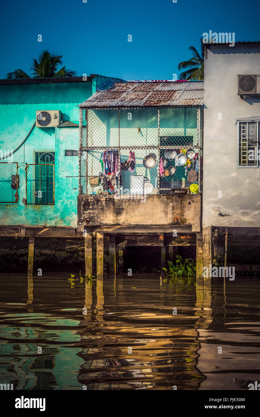 Asia, Asia sud-orientale, Sud Vietnam, Vietnam, il Delta del Mekong, architettura, casa su palafitte Foto Stock