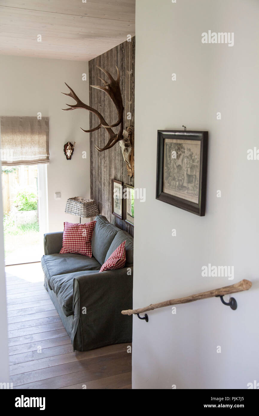 Soggiorno con i trofei di caccia, dettaglio Foto Stock