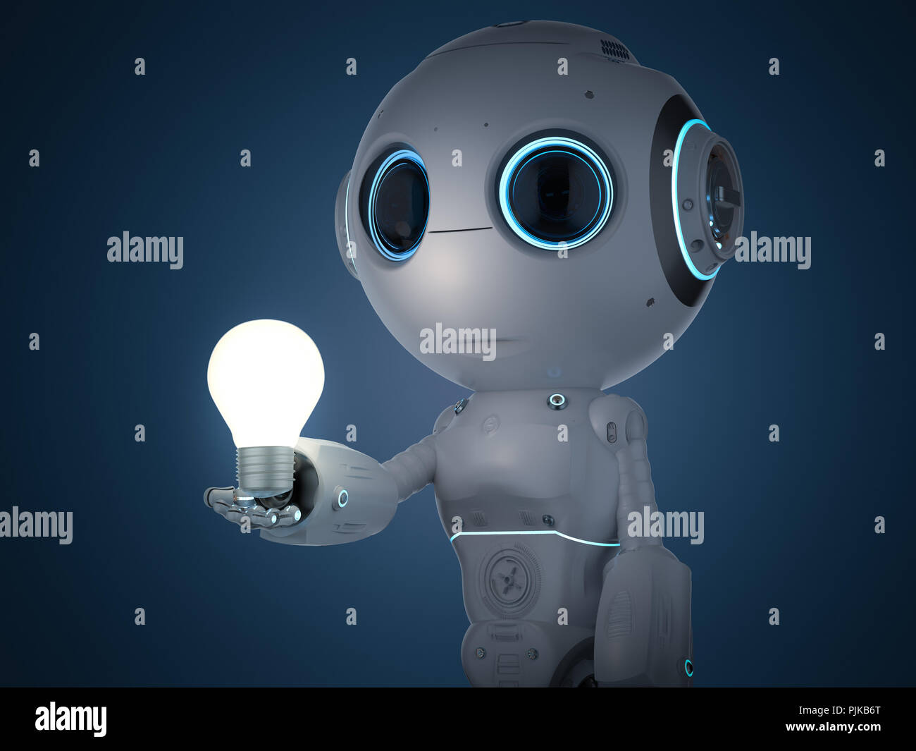 Il rendering 3d carino di intelligenza artificiale robot con lampadina Foto Stock