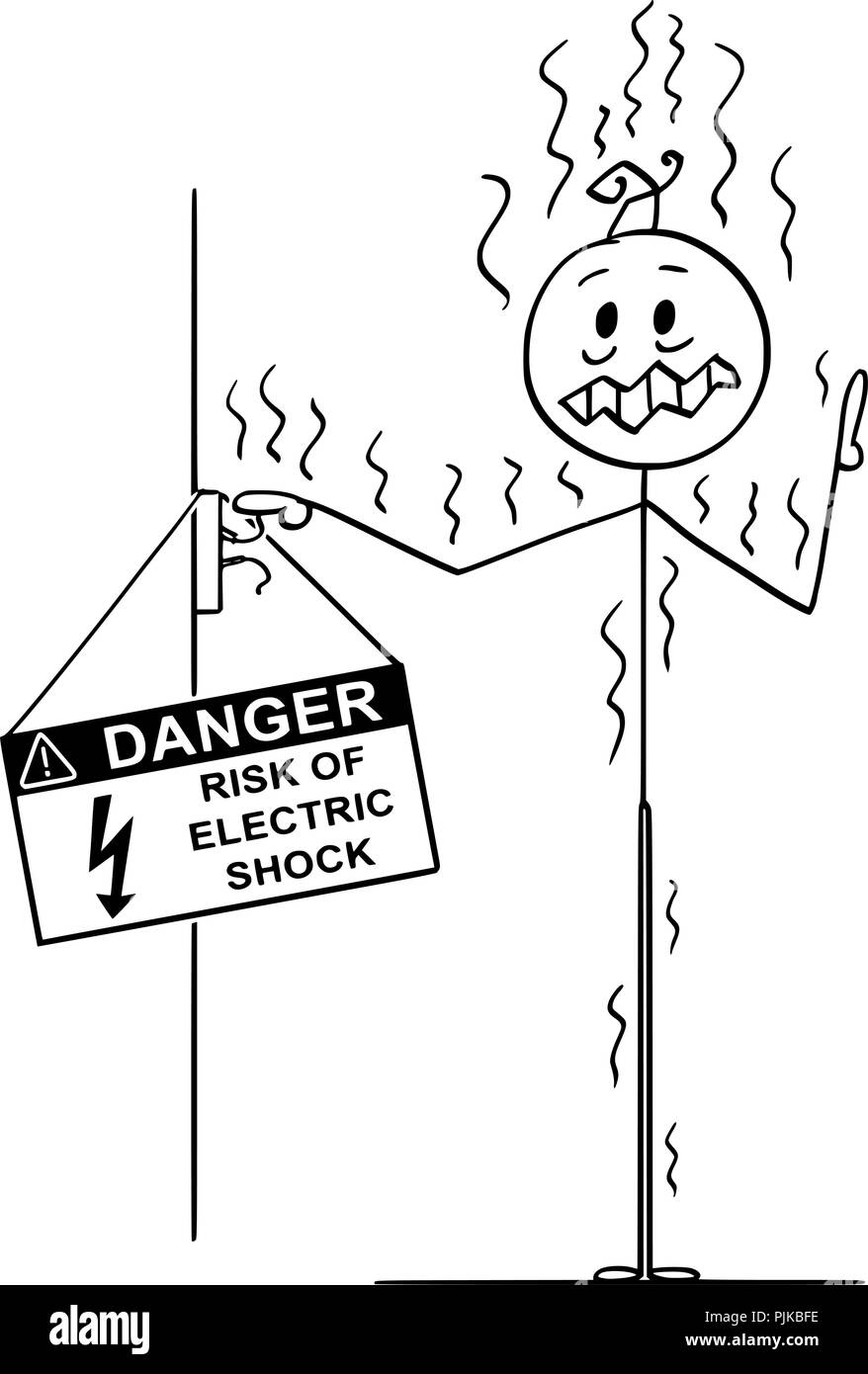 Cartoon di uomo toccando conduttori non isolati e ha ottenuto la potenza elettrica Shock Illustrazione Vettoriale