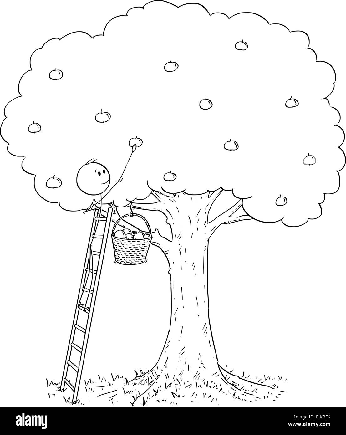 Cartoon dell uomo sulla scala la raccolta di frutti dagli alberi di Apple Illustrazione Vettoriale