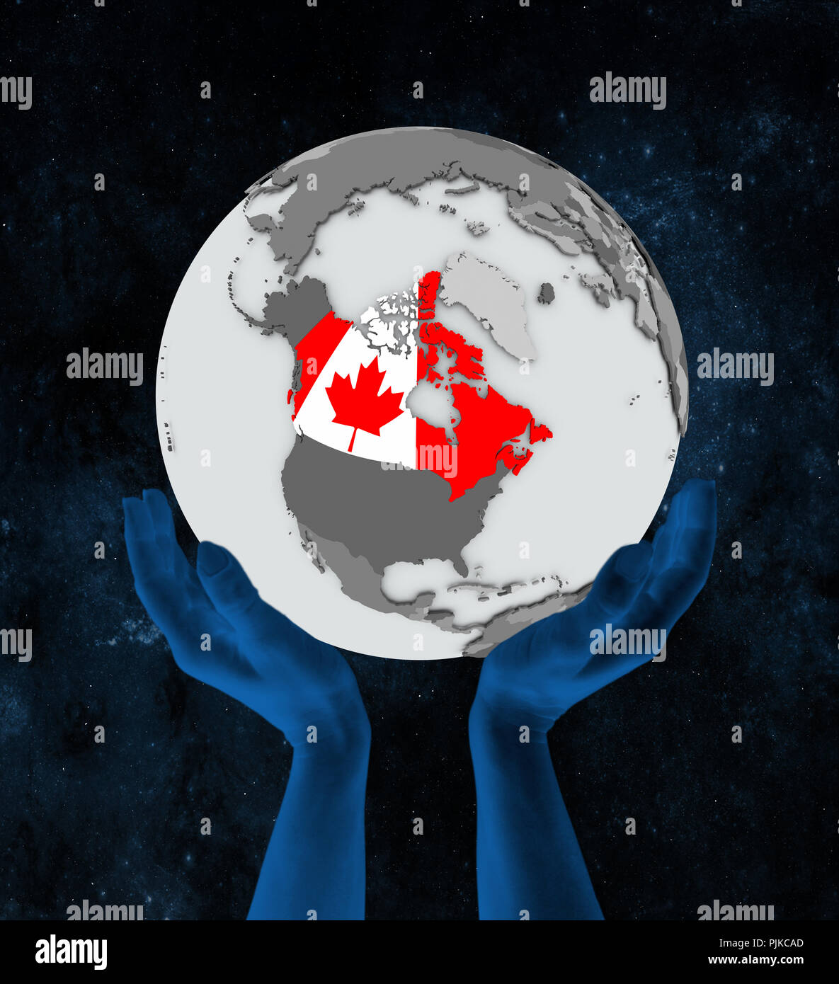 Canada con bandiera sul globo terrestre in mani nello spazio.  3D'illustrazione Foto stock - Alamy