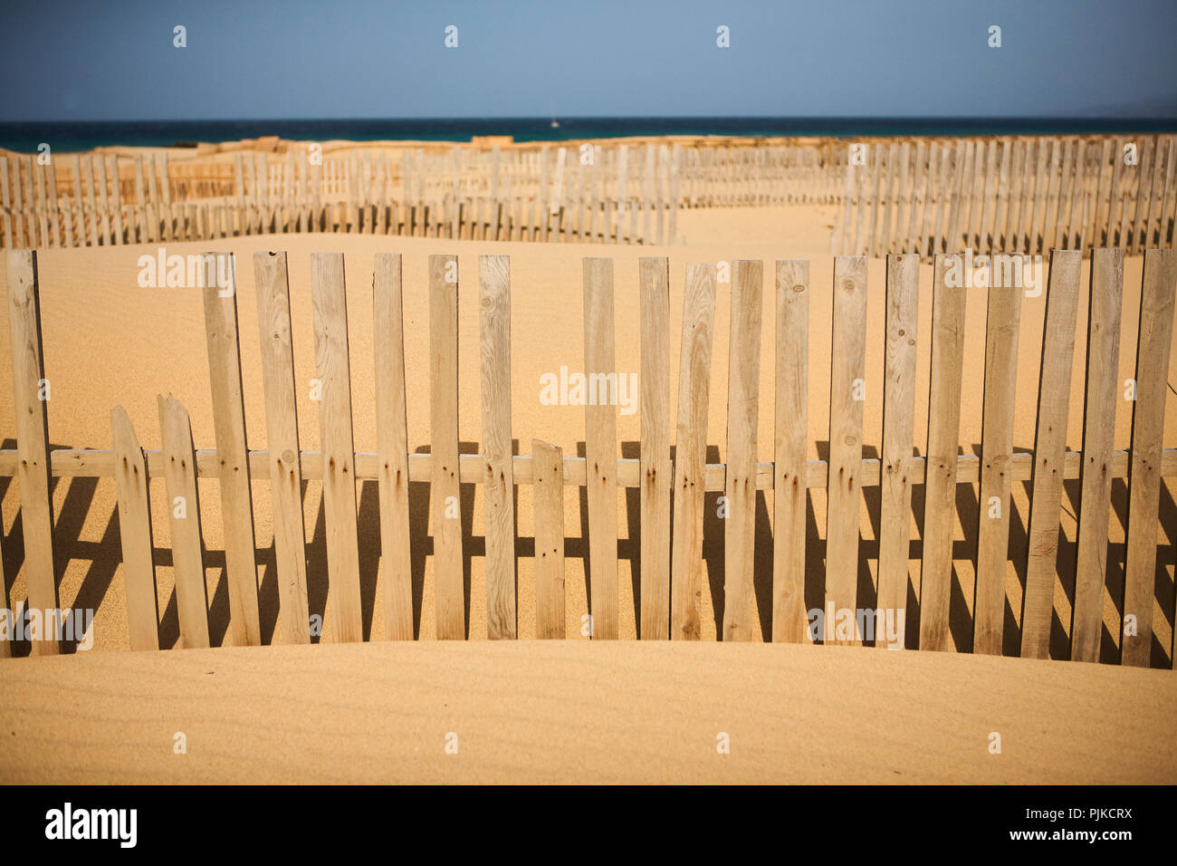 Irregolare di recinti di legno su una spiaggia di sabbia fine e dorata in una giornata di sole a Tarifa, Andalusia, Spagna Foto Stock