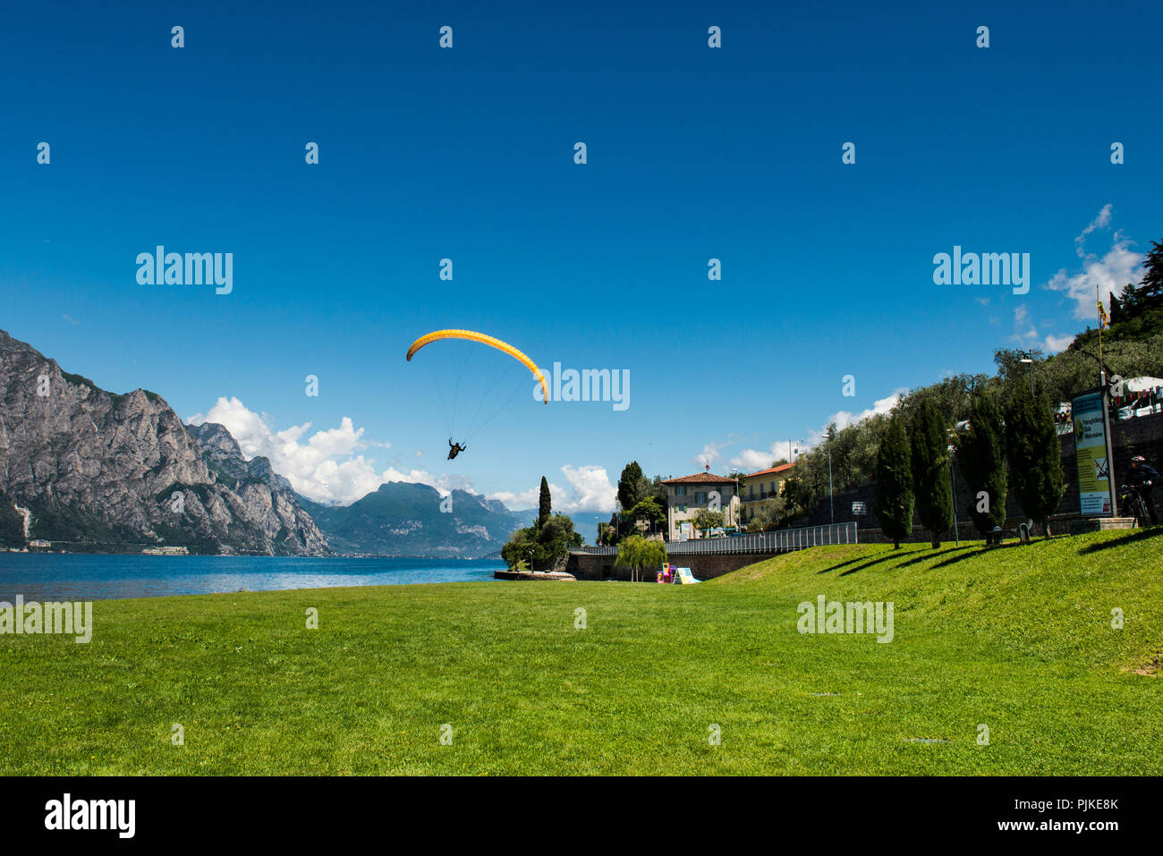 Il lago di Garda con parapendio approdo di Malcesine, Veneto, Italia Foto Stock