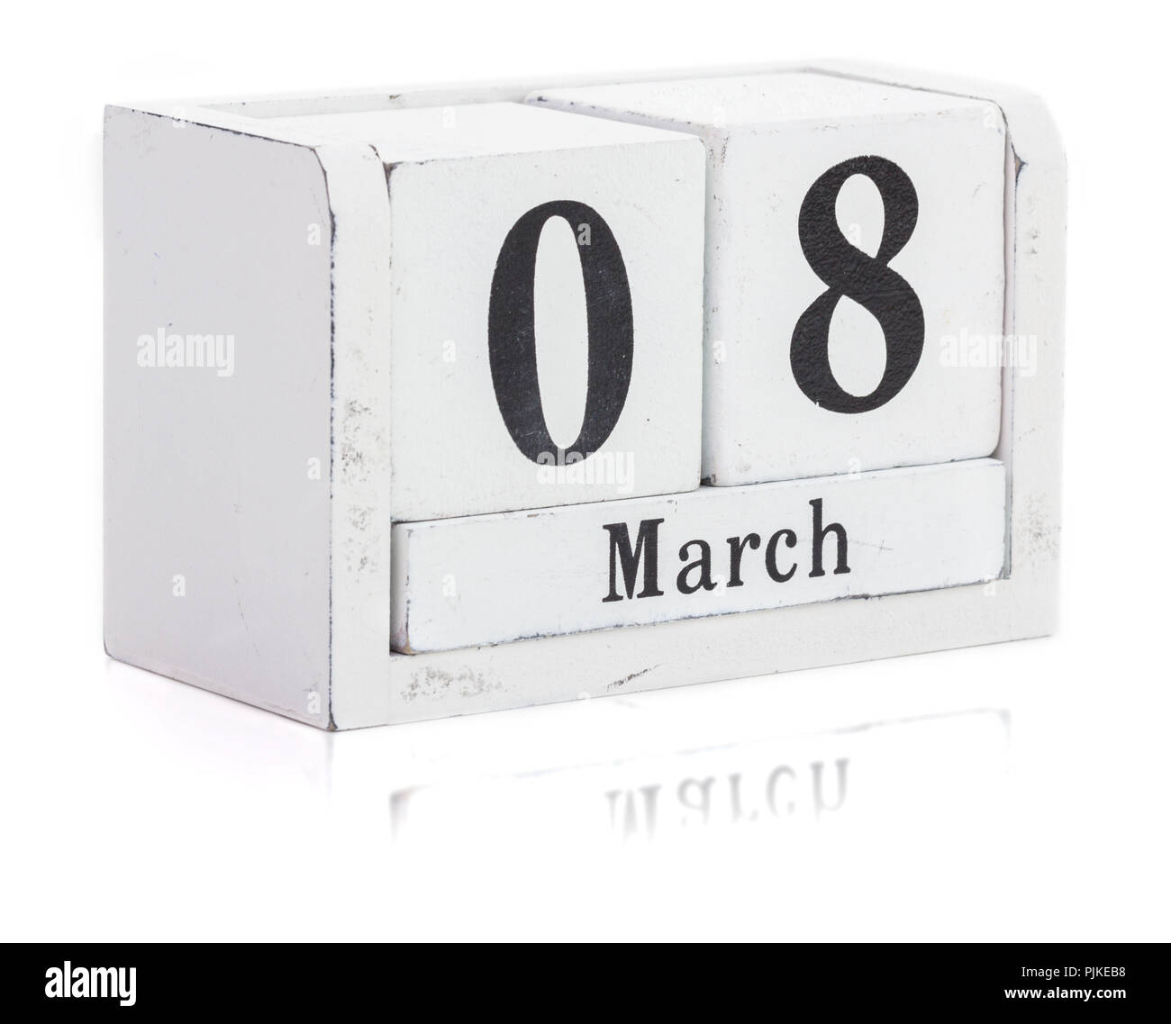 Calendario legno, Giornata della donna 8 Marzo, isolato Foto Stock