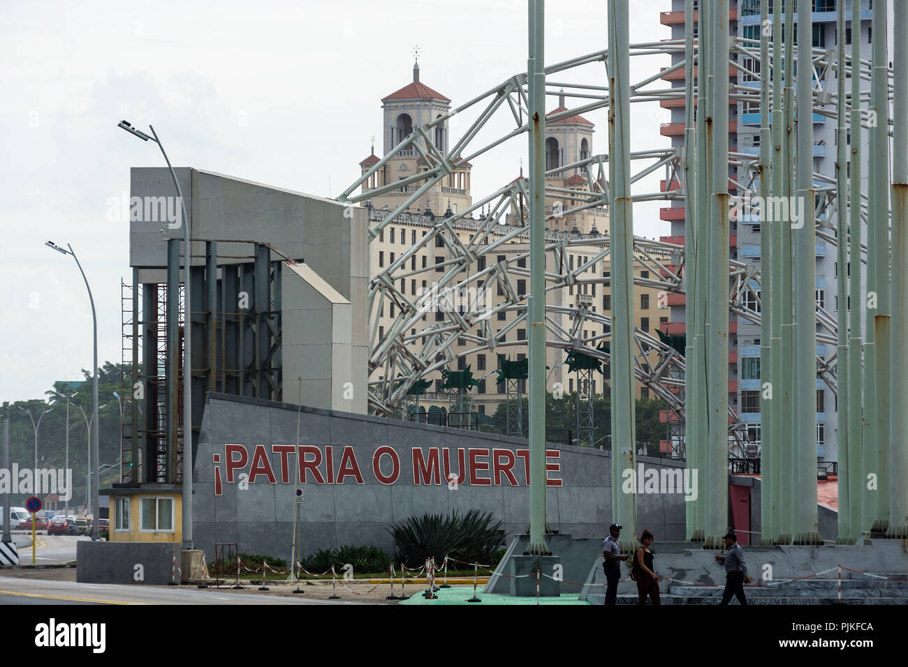 Cuba, La Habana, la Rampa, José Martí piattaforma Anti-Imperialist, lettering "patrio o Muerte" (Patria o Morte) Foto Stock