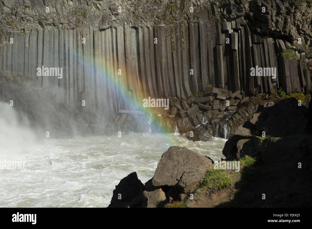 L'Islanda, highlands, a Aldeyjarfoss, il fiume selvaggio e rainbow davanti a colonne di basalto, Foto Stock