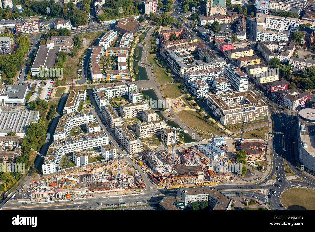 Vista aerea, i lavori di costruzione a Funke Medien Campus nel centro verde Essen, Essen, la zona della Ruhr, Nord Reno-Westfalia, Germania Foto Stock