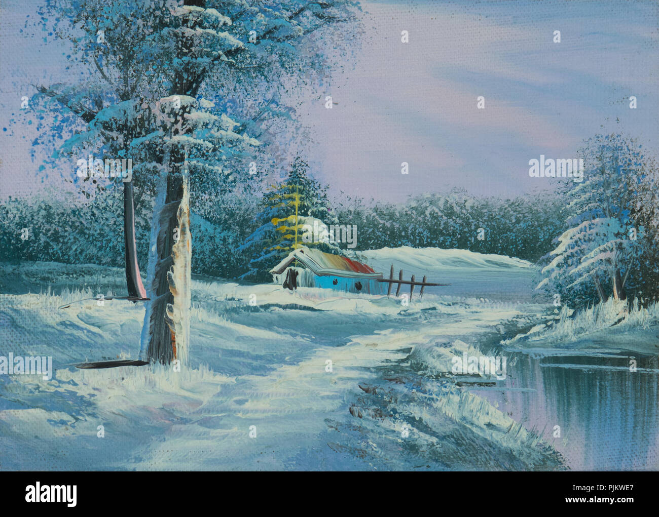 Dipinto Ad Olio Di Una Coperta Di Neve Paesaggio Invernale Con Un Fiume E Una Cappella Foto Stock Alamy