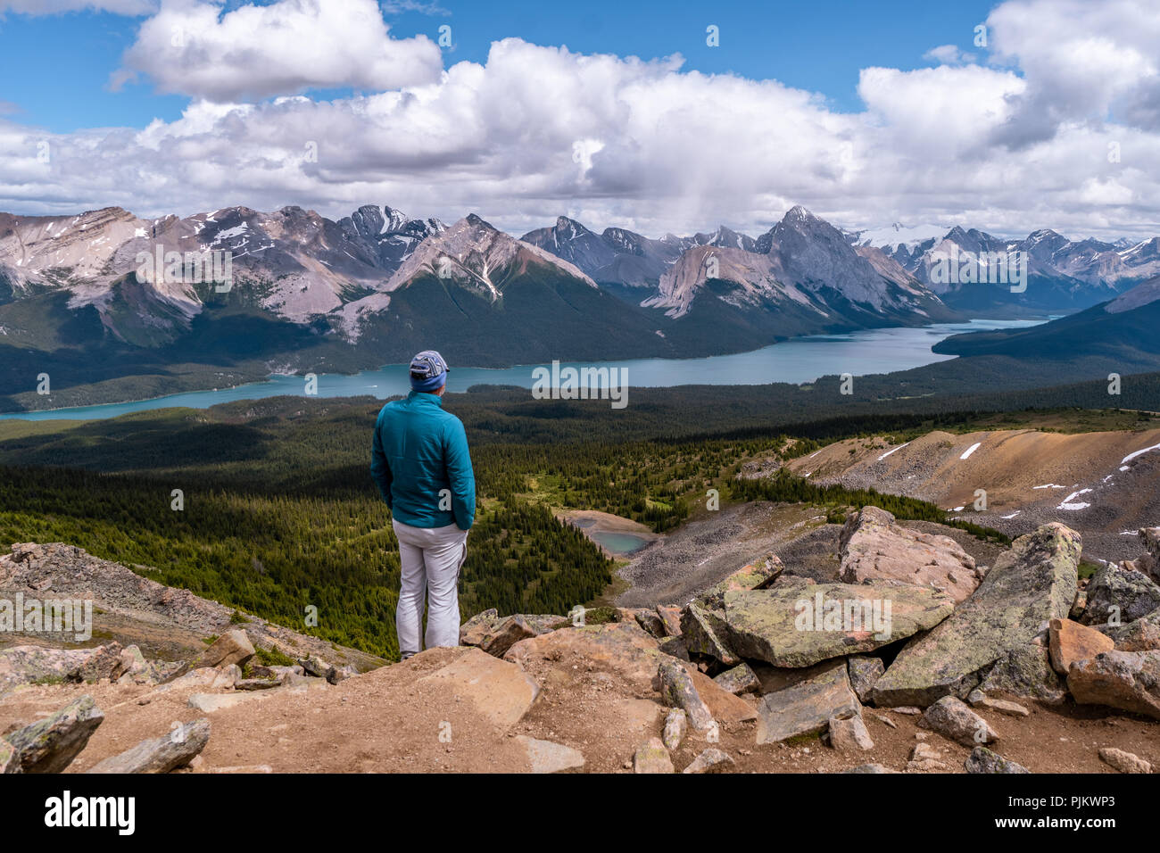 La parte superiore di Bald Hill offre un bellissimo panorama del Lago Maligne, Jasper NP, Alberta, Canada Foto Stock