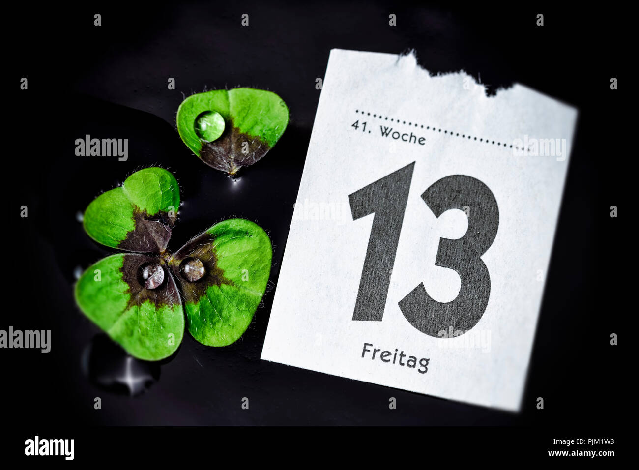 Foglio di calendario venerdì il tredicesimo e dilaniato quattro-leaf quadrifoglio Foto Stock