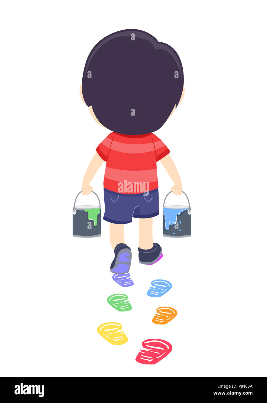 Illustrazione di un ragazzo di capretto a piedi e il trasporto di bombolette di vernice lasciando calzatura stampe in diversi colori Foto Stock