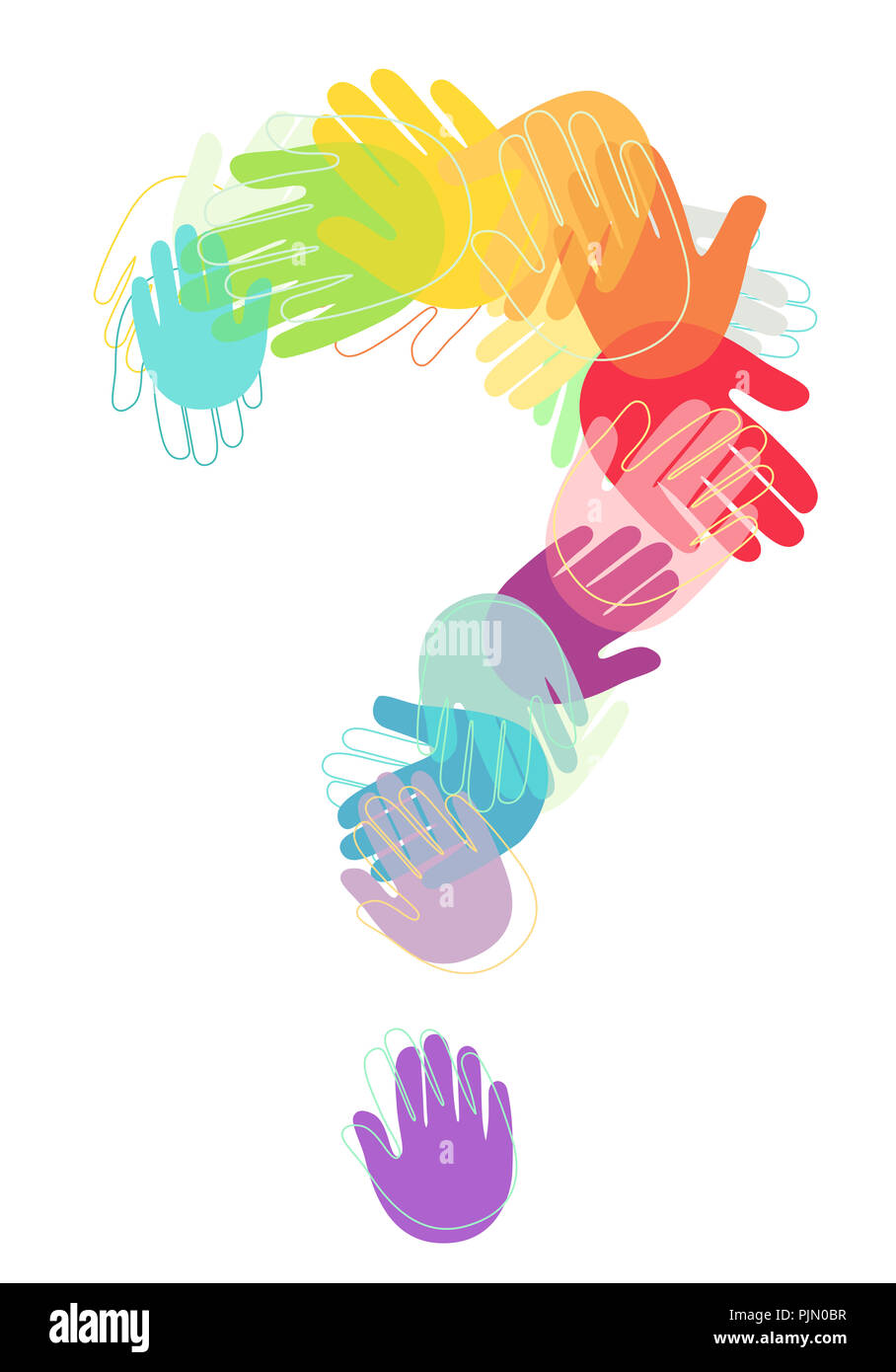 Illustrazione delle mani di bambini in diversi colori che formano un punto interrogativo Foto Stock