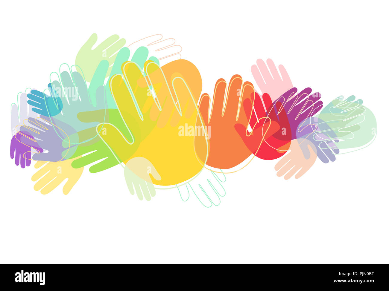 Illustrazione dei bambini le mani nei colori dell'Arcobaleno Foto Stock
