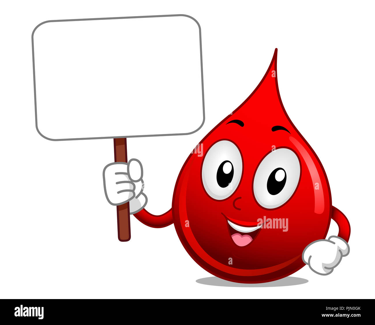 Illustrazione di una mascotte di sangue tenendo un vuoto segno bordo chiedendo per la donazione Foto Stock