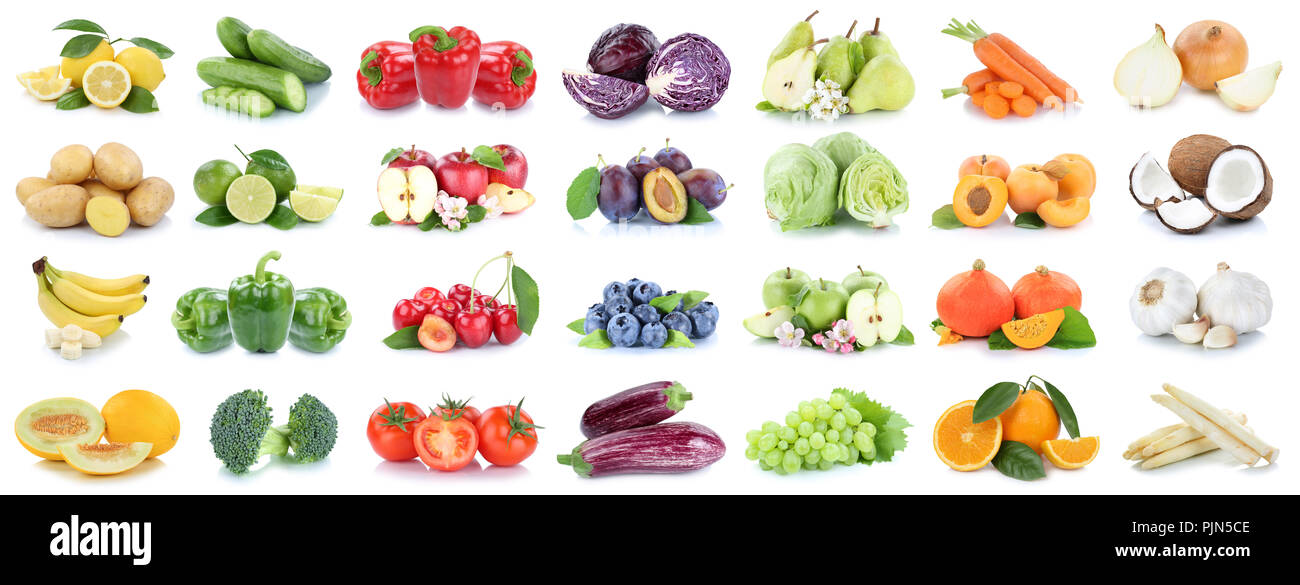 Frutta e verdura isolato di raccolta mele Pomodori Arance Limoni di cipolla frutta colori su sfondo bianco Foto Stock