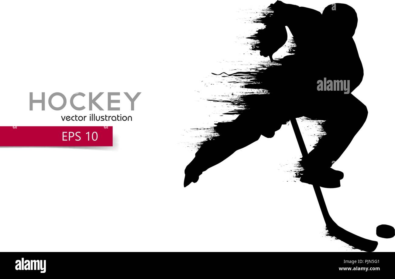 Silhouette di un giocatore di hockey. Sfondo e Testo su uno strato separato, il colore può essere cambiato in un solo clic. Illustrazione Vettoriale Illustrazione Vettoriale