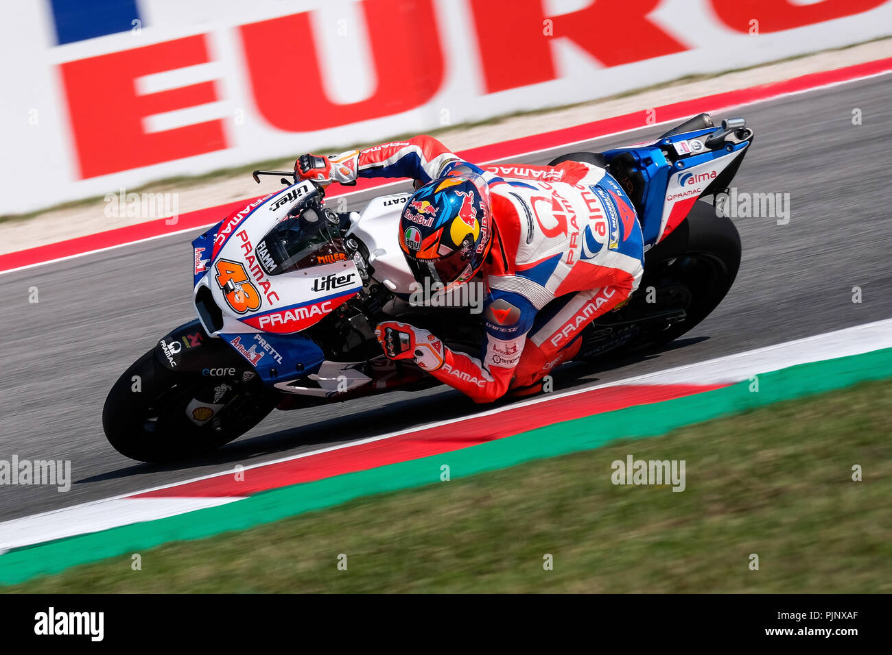 Imola, Italia. 8 settembre 2018 - 43 JACK MILLER dall Australia, Alma Pramac Racing Ducati Desmosedici, Gran Premio Octo di San Marino e della Riviera di Rimini, durante il sabato QP al Marco Simoncelli World Circuit per il tredicesimo round del Campionato del Mondo MotoGP, dal 7 Settembre al 9 Credit: AFP7/ZUMA filo/Alamy Live News Foto Stock