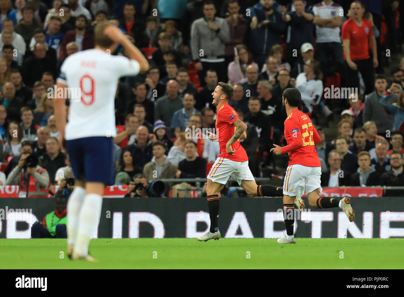 Lo stadio di Wembley, Londra, Regno Unito. 8 Sep, 2018. La UEFA Nazioni League Football, tra Inghilterra e Spagna; Saul Niguez di Spagna celebra come egli punteggi rendendo 1-1 Credito: Azione Sport Plus/Alamy Live News Foto Stock