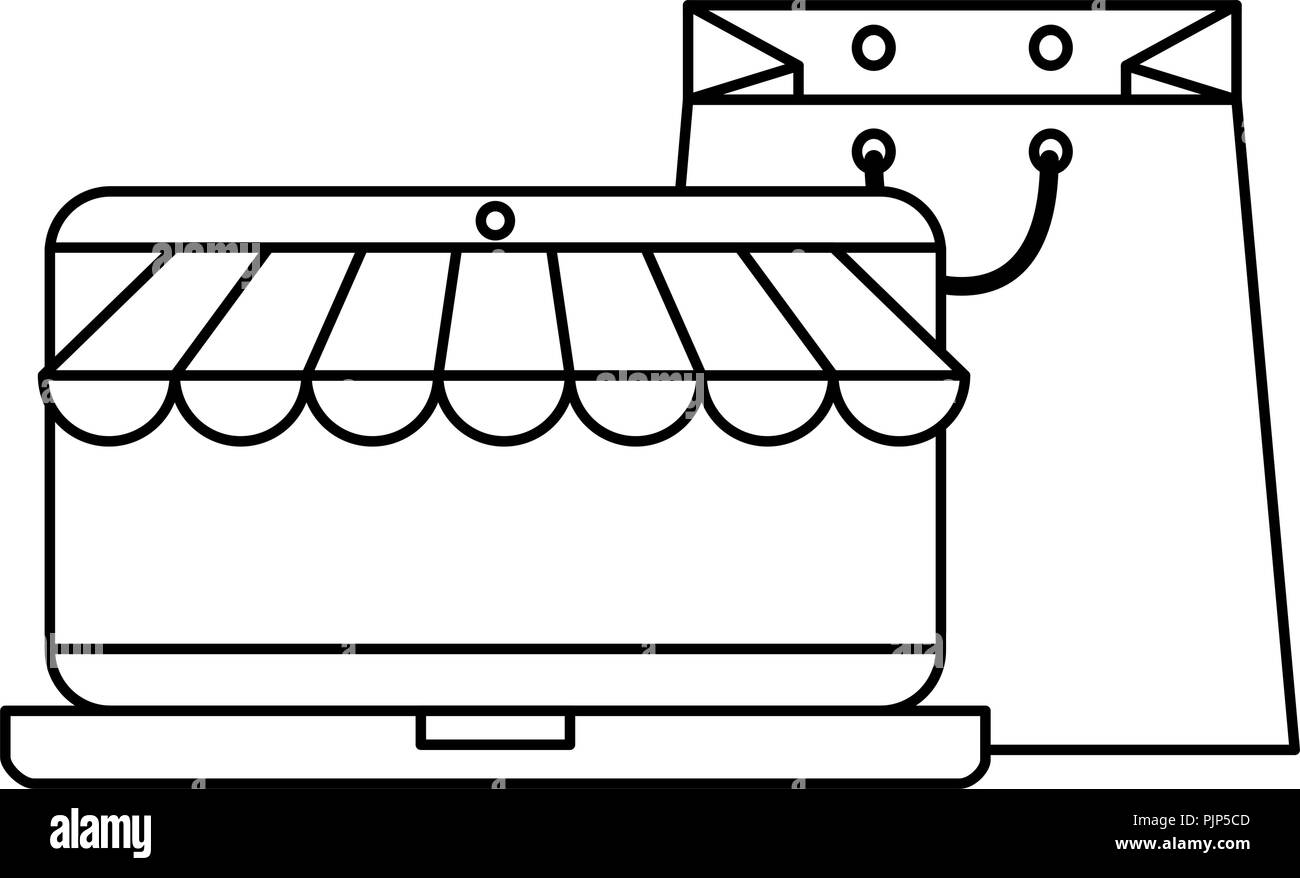 Computer portatile con ombrellone e borsa per la spesa Illustrazione Vettoriale