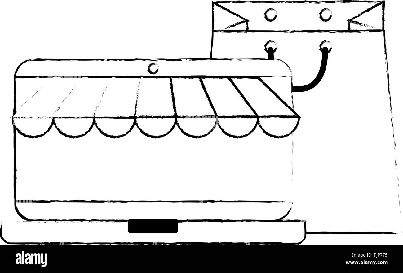 Computer portatile con ombrellone e borsa per la spesa Illustrazione Vettoriale