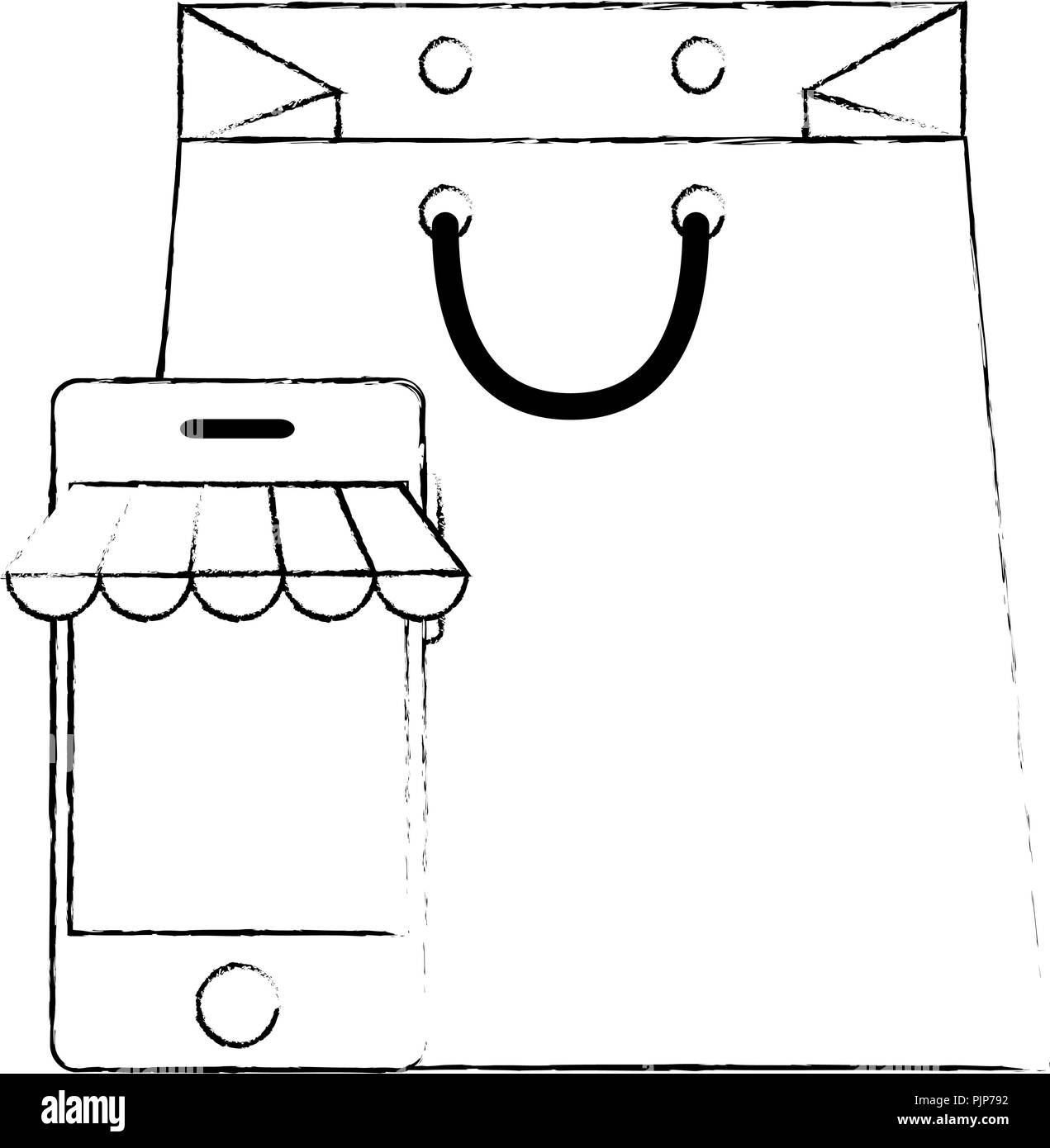 Smartphone con ombrellone e borsa per la spesa Illustrazione Vettoriale