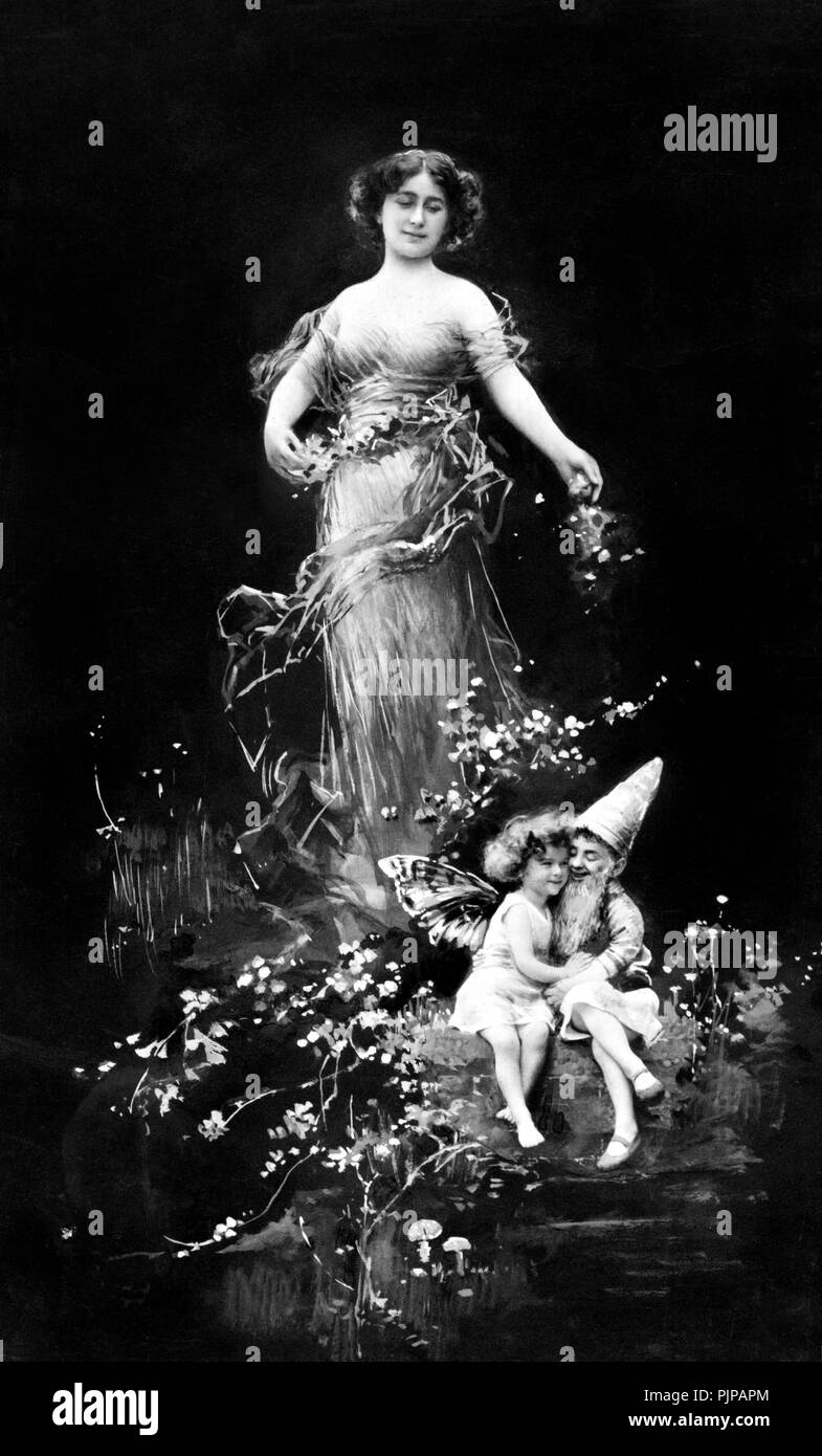 Giovane, fiaba, una fata e un abbraccio nana, 1910s, Germania Foto Stock