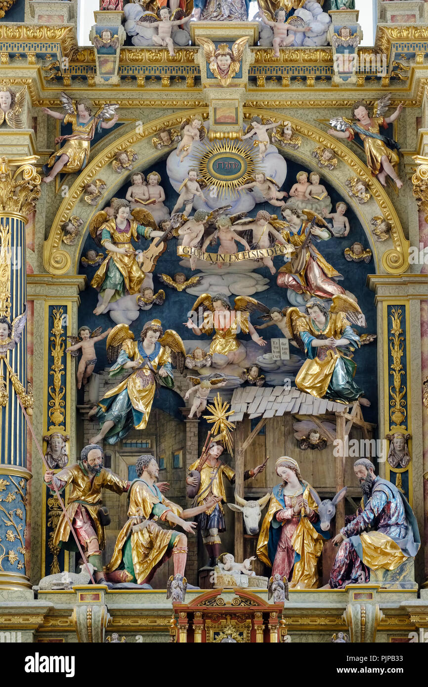 Adorazione dei pastori nell'altare maggiore, Basilica di San Ulrico e Afra, Augsburg, Svevia, Baviera, Germania Foto Stock