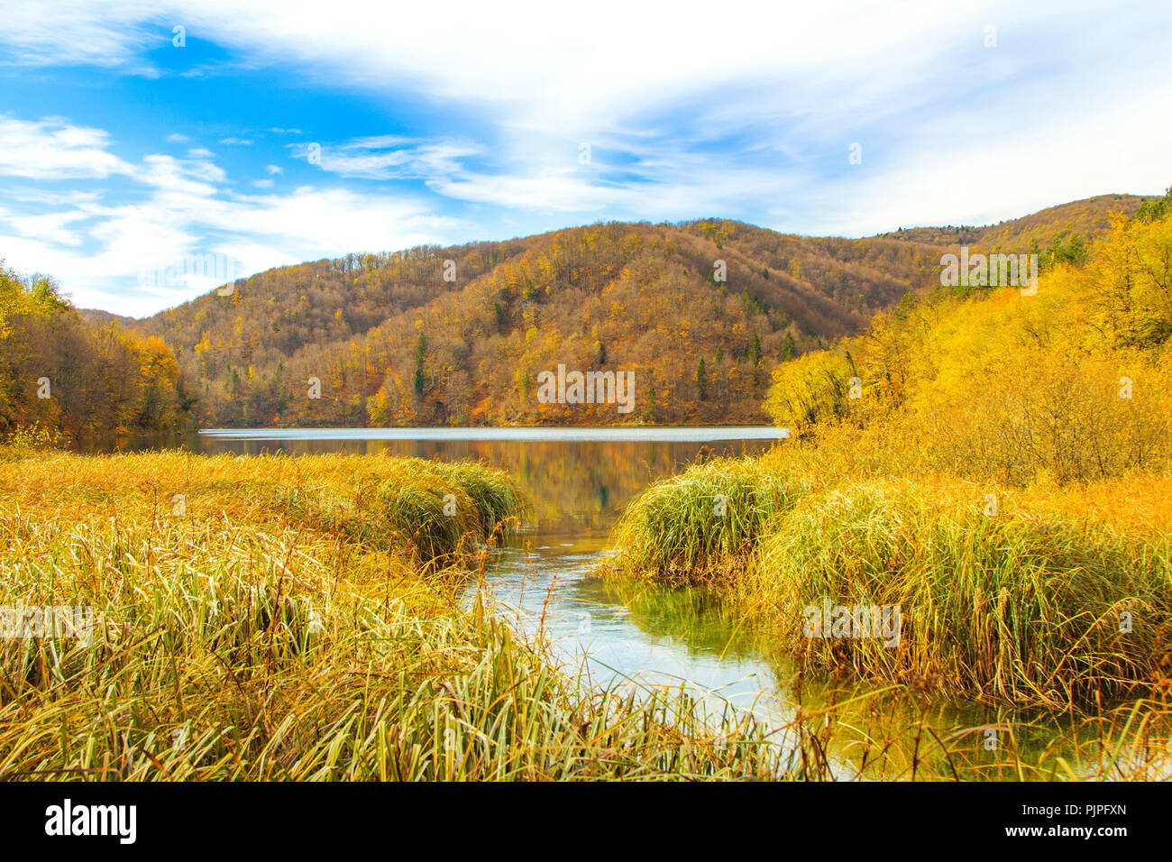 Colorato paesaggio autunnale sul Parco Nazionale dei Laghi di Plitvice in Croazia Foto Stock