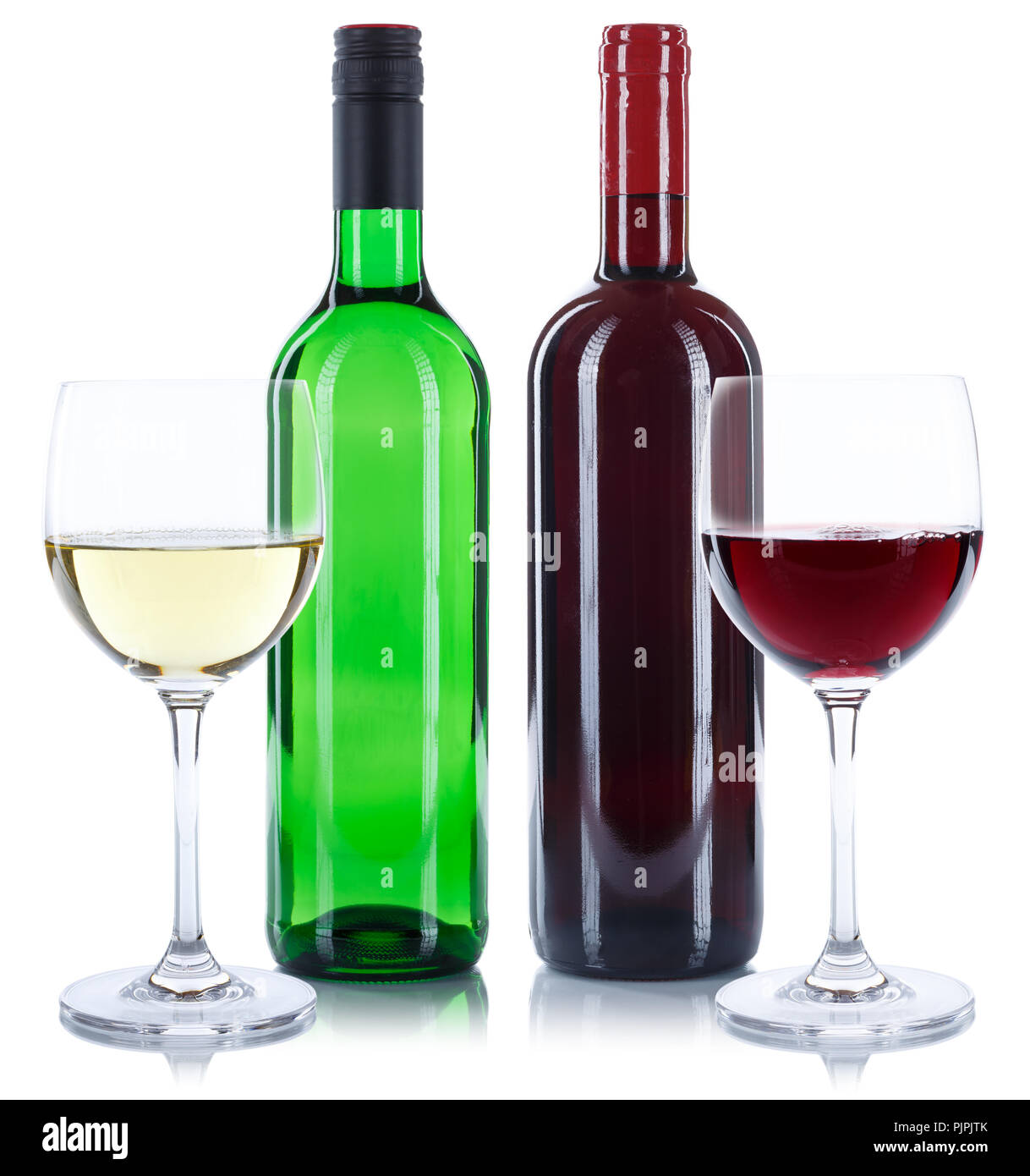 Vino rosso e bianco di bottiglie bicchieri per bevande alcool quadrate isolate su uno sfondo bianco Foto Stock