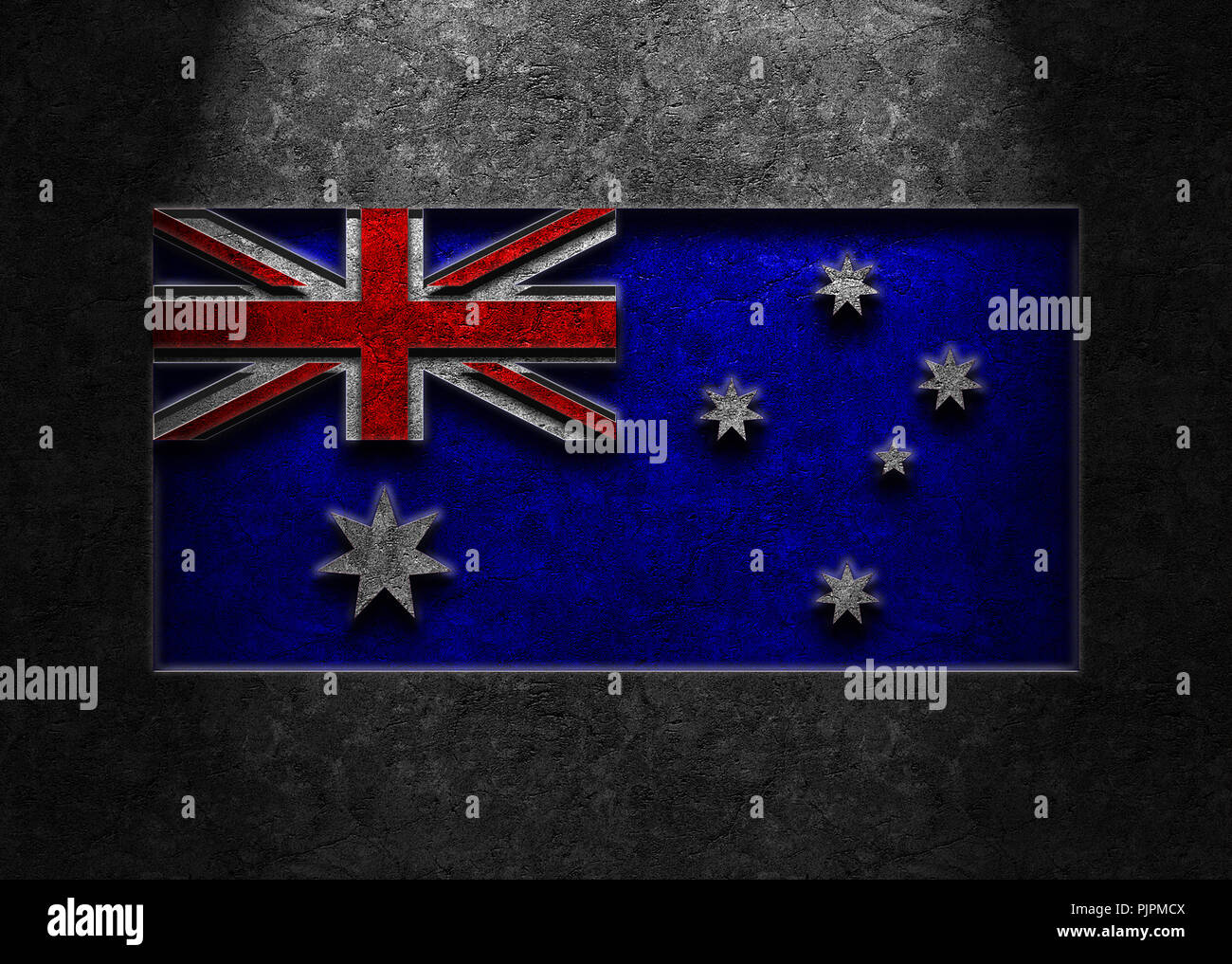 Bandiera dell'Australia il rendering in una liscia, scuro, weathered stone texture con illuminazione dal centro in alto. Brian Carson la curva di apprendimento fotografia www. Foto Stock