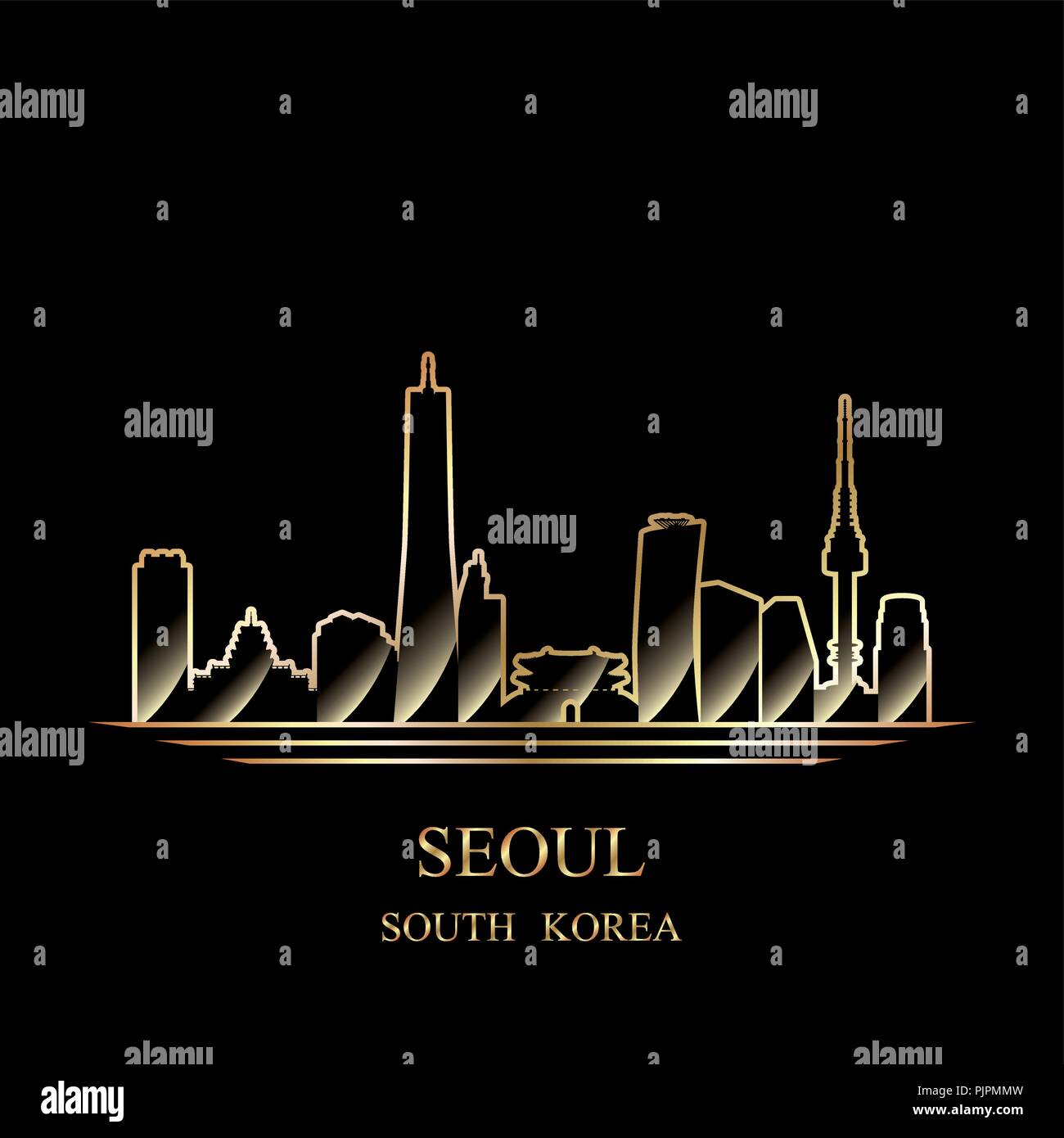 Silhouette di oro di Seoul su sfondo nero illustrazione vettoriale Illustrazione Vettoriale