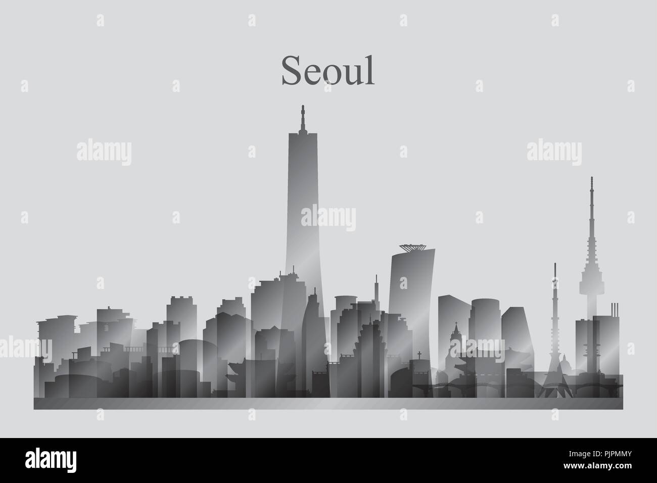 Seoul città skyline silhouette in scala di grigi di illustrazione vettoriale Illustrazione Vettoriale