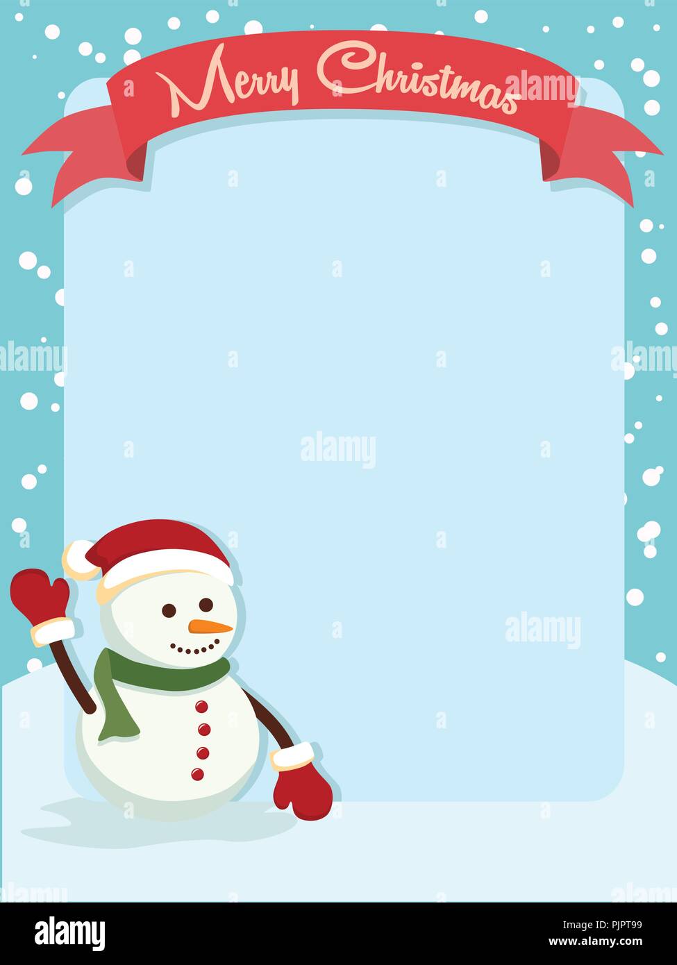 Natale greeting card banner con pupazzo di neve in inverno blu sullo sfondo. Illustrazione Vettoriale