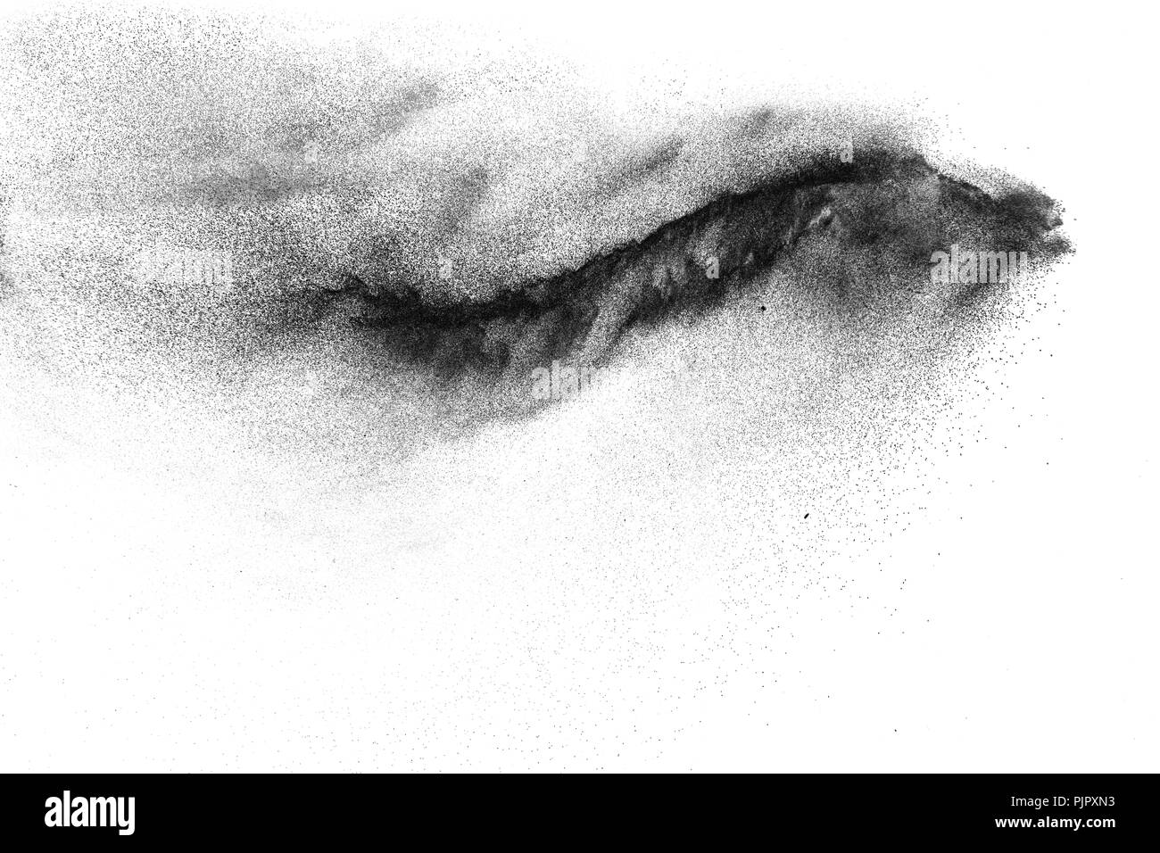 Le particelle nere opener su sfondo bianco. Polvere nera di spruzzi di polvere. Foto Stock