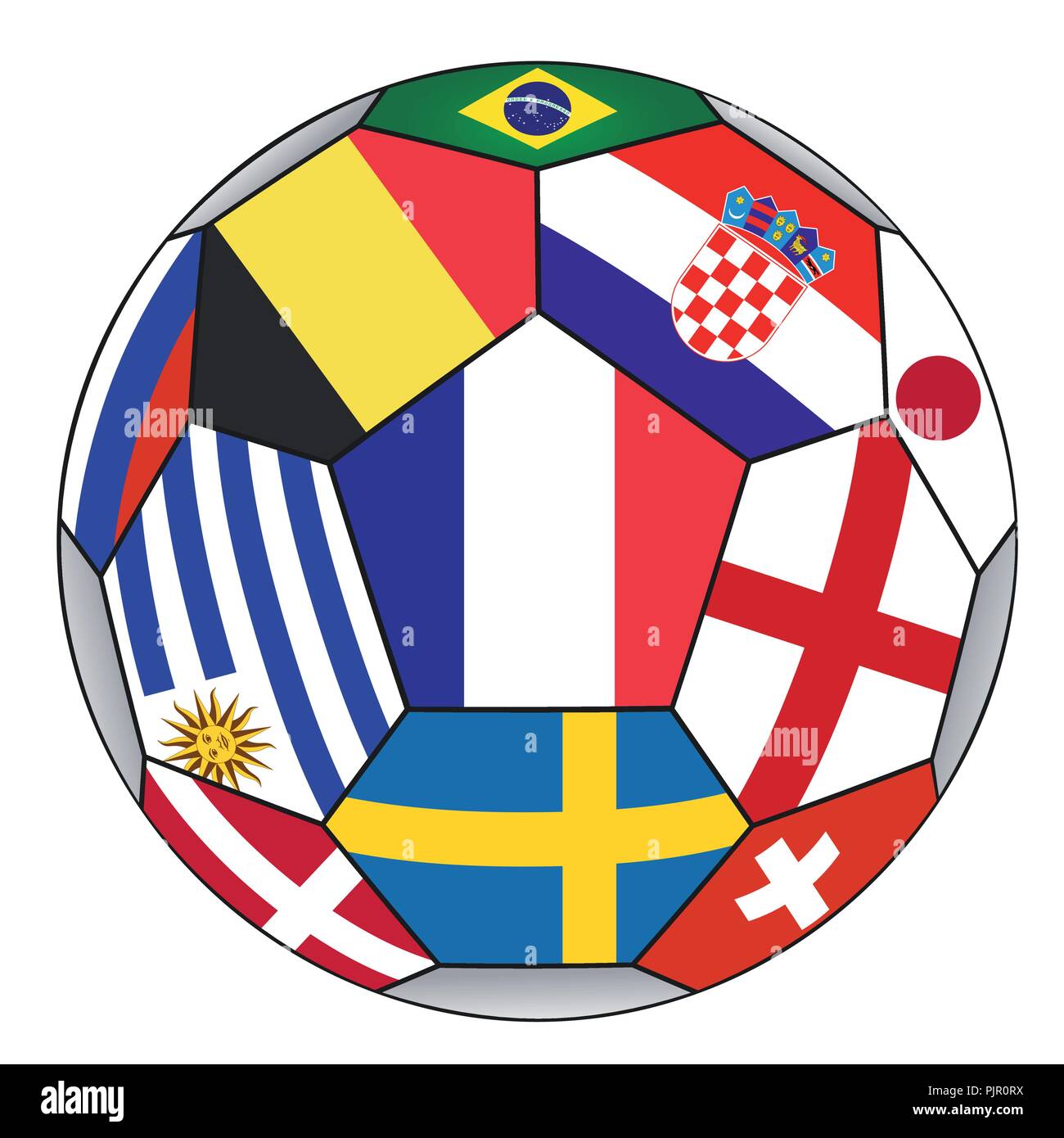 Pallone da calcio con vari flag isolato su sfondo bianco - campione del mondo - illustrazione vettoriale Illustrazione Vettoriale